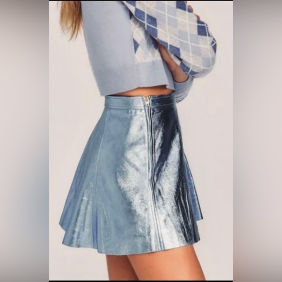 LoveShackFancy Dorine Metallic Lambskin Leather Blue Mini skirt Size 00 - Picture 1 of 12